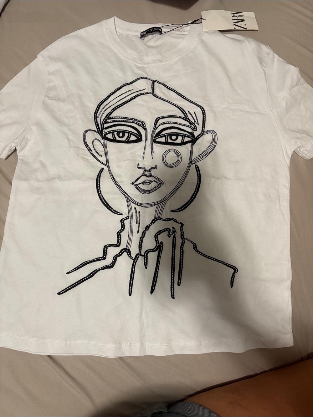 Zara White Tee with Black Tag Detail